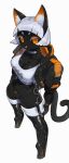  1girl absurdres android animal_ear_fluff black_bodysuit black_skin blunt_bangs bob_cut bodysuit boots breasts cat_girl cleavage collar colored_skin covered_navel echanis_enicha highres jacket medium_breasts original short_eyebrows short_hair standing thick_eyebrows thigh_boots white_background yellow_eyes 