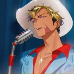  1boy blonde_hair blue_jacket brown_hair collarbone collared_shirt commentary cowboy_hat dark-skinned_male dark_skin ear_piercing earrings english_commentary eyebrow_cut fangs glint hat highres jacket jewelry kaohom503 lapels male_focus microphone microphone_stand multicolored_hair music necklace nijisanji nijisanji_en open_mouth piercing purple_eyes red_shirt scar scar_on_face shirt short_hair singing solo streaked_hair stud_earrings teeth undercut upper_body upper_teeth_only vantacrow_bringer virtual_youtuber white_hat 