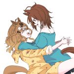  2girls :d agnes_tachyon_(umamusume) ahoge animal_ears aqua_sweater blush braid brown_hair brown_tail closed_eyes commentary_request ear_ornament fang hair_between_eyes hair_ornament hairclip half_up_braid highres horse_ears horse_girl horse_tail hug jungle_pocket_(umamusume) long_sleeves looking_at_another medium_hair multiple_girls notched_ear off-shoulder_sweater off_shoulder paw_print puffy_long_sleeves puffy_sleeves red_eyes shiruko_(oshiruko) sidelocks simple_background sleepwear sleeves_rolled_up smile sweater tail umamusume white_background white_hair 