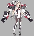  armor bare_shoulders black_legwear boots brown_hair covered_navel exoskeleton flat_chest gloves hair_ornament highres kuro_(kuronell) leotard long_hair mecha mechanical_arm original outstretched_arms pantyhose red_eyes ribbon solo strapless strapless_leotard thigh_strap twintails 