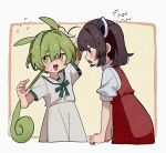  2girls :d :o ahoge animal_ears arm_up blush_stickers border bow bowtie brown_hair commentary_request corn_kuten cropped_legs dress flying_sweatdrops green_bow green_bowtie green_hair hair_between_eyes headgear long_hair looking_at_another multiple_girls open_mouth outline outside_border pinafore_dress polka_dot polka_dot_background ponytail red_dress red_eyes short_hair short_sleeves sleeveless sleeveless_dress smile touhoku_kiritan voiceroid voicevox watermark white_border white_dress white_outline yellow_background yellow_eyes zundamon 