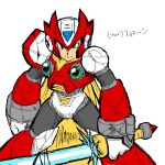  1boy armor battle_damage blonde_hair blue_eyes chest_jewel damaged energy_sword forehead_jewel gloves half-closed_eye helmet hi-go! holding holding_sword holding_weapon jewelry long_hair looking_at_viewer mega_man_(series) mega_man_x_(series) ponytail red_armor red_helmet shoulder_armor simple_background solo standing sword very_long_hair weapon white_background white_gloves z_saber zero_(mega_man) 
