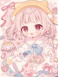  1girl :3 :d animal_hat blue_neckerchief blush cat_hat chibi chibi_inset chucolala commentary commission cowboy_shot dress frilled_dress frills grid_background hat highres kamizakana_iriko long_sleeves looking_at_viewer mashiro_kanon neckerchief open_mouth pink_background pink_hair red_eyes red_ribbon ribbon sailor_collar short_hair skeb_commission skirt_hold smile stuffed_animal stuffed_toy teddy_bear twitter_username virtual_youtuber white_dress white_sailor_collar yellow_hat 