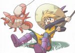  1girl black_eyes black_shirt blonde_hair blue_pants boots commentary_request corphish fishing fishing_rod grass hair_between_eyes hat highres holding holding_fishing_rod open_mouth pants pokemon pokemon_(creature) pokemon_adventures purple_boots sasami_642 shirt short_hair signature sitting sun_hat teeth tongue tunic upper_teeth_only white_background yellow_(pokemon) yellow_tunic 