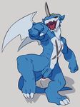 2016 action_pose anthro balls blue_balls blue_skin claws cum digimon digital_drawing_(artwork) digital_media_(artwork) exveemon fist flookz grey_background hi_res horn male membranous_wings nude open_mouth penis punching red_eyes scalie simple_background solo teeth toe_claws tongue wings 