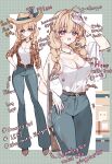  1girl :d absurdres ahoge arm_up bare_arms bare_shoulders blonde_hair blue_pants blush braid breasts brown_hat brown_shirt brown_shoes camisole cleavage collarbone collared_shirt commentary cropped_legs daisy_(flower) dotted_line dress_shirt flower gloves grey_eyes gun hair_between_eyes hair_over_shoulder hat hat_flower heavy_breathing highres large_breasts long_hair long_legs low_twintails multiple_views open_clothes open_shirt original pants plaid_clothes plaid_shirt pump_action remington_870 shirt shoes shotgun smile standing sweat symbol-only_commentary tandohark twin_braids twintails weapon white_background white_camisole white_flower white_gloves 