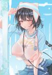  1girl absurdres bag black_bag black_hair blue_skirt blue_sky blush breasts cat clothes_around_waist clothes_writing colored_inner_hair covered_nipples crop_top female_rover_(wuthering_waves) fingernails hair_between_eyes hand_up hat highres large_breasts looking_at_viewer midriff multicolored_hair navel official_alternate_costume outdoors rover_(wuthering_waves) see-through_clothes shirt shirt_around_waist short_sleeves shoulder_bag skirt sky vflhzx wet wet_clothes white_shirt wuthering_waves yellow_eyes 