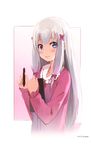  artist_name bangs blue_eyes blush bow closed_mouth commentary_request eromanga_sensei eyebrows_visible_through_hair gradient_hair hair_bow holding izumi_sagiri light_smile long_hair low-tied_long_hair multicolored_hair pink_hair revision rods silver_hair smile solo stylus tablet upper_body 