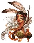  1girl animal_ears artist_name branch breasts cleavage collarbone cropped_torso dark-skinned_female dark_skin dated ears_through_headwear english_commentary eyelashes final_fantasy final_fantasy_xii fran_(ff12) helmet large_breasts lips long_hair painting_(medium) rabbit_ears red_eyes solo traditional_media upper_body vhyrel viera watercolor_(medium) white_hair 