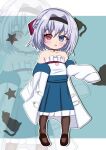  1girl :o absurdres aged_down animal_background aqua_background arm_at_side assault_lily bare_shoulders black_choker black_hairband blue_eyes blue_skirt blush bow braid brown_pantyhose brown_shoes cat child choker commentary ebisu_nobu frilled_shirt frilled_skirt frills full_body grey_hair hair_between_eyes hair_intakes hairband half_up_braid hand_up heart heart_choker herensuge_girls_academy_school_uniform heterochromia high-waist_skirt highres jacket letterboxed long_sleeves looking_at_viewer mary_janes medium_hair open_clothes open_jacket outline outside_border oversized_clothes pantyhose parted_lips pink_eyes red_bow school_uniform shirt shoes skirt sleeves_past_fingers sleeves_past_wrists solo standing star_(symbol) star_symbol_background strapless strapless_shirt torii_miho white_jacket white_outline white_shirt zoom_layer 