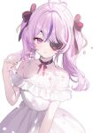  1girl absurdres ahoge blush bow cherry_blossoms dress falling_petals flower hair_bow hair_intakes hell_fuuna highres holding holding_flower long_hair looking_at_viewer maria_marionette multicolored_hair nijisanji nijisanji_en off-shoulder_dress off_shoulder parted_lips petals pink_eyes pink_hair simple_background solo streaked_hair sunlight virtual_youtuber white_background white_dress 