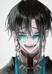  1boy :d absurdres aqua_eyes bishounen black_hair black_shirt blue-tinted_eyewear chinese_clothes chinese_knot earrings fangs grey_background hair_between_eyes highres jewelry looking_at_viewer looking_over_eyewear male_focus open_mouth original portrait round_eyewear shirt short_hair simple_background smile solo sunglasses tangzhuang tassel tassel_earrings teeth tinted_eyewear upper_body white_background young57440489 
