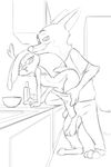  2017 akiric anthro assisted_exposure barefoot black_and_white canine clothed clothing counter disney duo female fox imminent_sex judy_hopps kitchen lagomorph male mammal monochrome nick_wilde pants_down partially_clothed rabbit raised_shirt side_view smile undressing zootopia 