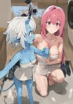  2girls bare_shoulders barefoot blue_oni blush breasts brown_eyes cleavage hair_dryer highres hood_(james_x) horns large_breasts long_hair looking_at_viewer multiple_girls naked_towel oni open_mouth pink_hair pointy_ears purple_eyes short_hair sidelocks skin-covered_horns small_breasts smile soukaku_(zenless_zone_zero) tail towel tsukishiro_yanagi wet white_hair zenless_zone_zero 