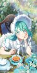  1girl blue_eyes blue_flower blue_hair blue_rose bonnet chair character_request check_character closed_mouth cup dress elbow_rest flower flower_request frilled_bonnet frilled_dress frilled_sleeves frills gem hand_on_own_cheek hand_on_own_face highres holding holding_spoon imam_(oozlo) korean_commentary lens_flare lips looking_at_viewer original pale_skin pearl_(gemstone) plant plate puffy_short_sleeves puffy_sleeves rose saucer short_sleeves smile solo split_mouth spoon table tea teacup teapot tree white_flower 