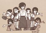  1boy 6+girls :d arm_sling arm_up bandage_on_thigh bandage_over_one_eye bandages black_hair black_socks blunt_bangs commentary cross_hair_ornament dark-skinned_female dark_skin english_text eyepatch faux_traditional_media frilled_kimono frills full_body fuura_kafuka geta glasses hair_between_eyes hair_ornament hair_over_one_eye hakama highres holding holding_shovel itoshiki_nozomu japanese_clothes kimono kitsu_chiri kobushi_abiru komori_kiri long_hair monochrome multiple_girls paper_texture parted_hair sayonara_zetsubou_sensei school_uniform sekiutsu_maria_tarou sepia serafuku shaded_face shirt short_hair shosei shovel skirt smile socks squatting standing t-shirt teacher_and_student tetra_(tetratheripper) tsunetsuki_matoi watermark white_socks wrapped_in_blanket 