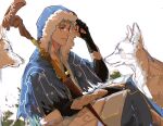  1boy animal black_gloves blue_coat coat cu_chulainn_(caster)_(fate) cu_chulainn_(fate) earrings fate/grand_order fate_(series) fingerless_gloves gloves highres jewelry long_hair male_focus parted_lips red_eyes simple_background sitting staff unfinished white_background wolf yuanye_shui_bu_bao 