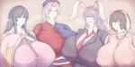  4girls alternate_breast_size animal_ears between_breasts black_hair blazer blue_eyes bow bow_button braid breasts bright_pupils carrot carrot_necklace collared_shirt covered_nipples crescent cross curtained_hair curvy dress elun_(meido) fang floppy_ears gigantic_breasts grey_hair grin hair_between_eyes hat heavy_breathing high_collar highres hime_cut houraisan_kaguya huge_breasts impossible_clothes inaba_tewi jacket jewelry long_hair multiple_girls necklace necktie necktie_between_breasts nurse_cap parted_lips pendant pink_dress pink_shirt purple_hair rabbit_ears rabbit_girl red_cross red_eyes red_necktie reisen_udongein_inaba sash shirt short_hair sidelocks simple_background sleeves_past_wrists smile sweat tie_clip touhou upper_body white_bow white_shirt wide_sleeves yagokoro_eirin 