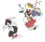  2girls absurdres ascot bird_scarer black_hair black_ribbon black_shoes black_skirt bow cd chasing collared_shirt detached_sleeves feral_instincts frilled_bow frilled_skirt frills full_body geta hair_bow hair_tubes hakurei_reimu hat henohenomoheji highres long_sleeves multiple_girls neck_ribbon open_mouth peroponesosu. pinwheel pom_pom_(clothes) puffy_short_sleeves puffy_sleeves red_bow red_hat red_shoes red_skirt ribbon running scarecrow shameimaru_aya shirt shoes short_hair short_sleeves skirt socks tengu-geta tokin_hat touhou white_background white_shirt white_sleeves white_socks wide_sleeves yellow_ascot 