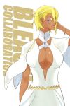 1girl alternate_costume alternate_hairstyle arm_at_side bleach blonde_hair bracelet braid breasts choker cleavage collarbone colored_eyelashes copyright_name cowboy_shot dark-skinned_female dark_skin dress english_text facial_mark green_eyes half_up_braid hand_up hashtag-only_commentary highres jewelry large_breasts lips looking_to_the_side mitu_hide43 nose open_mouth plunging_neckline short_hair simple_background solo spiked_hair teeth tier_harribel v-shaped_eyebrows white_background white_choker white_dress 