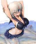  ;d amania_orz armpits arms_up bangs bare_arms bare_legs bare_shoulders barefoot bikini black_bikini blue_eyes blush breasts character_request cleavage commentary_request copyright_request dated frilled_bikini frills glasses groin large_breasts navel one_eye_closed open_mouth partially_submerged red-framed_eyewear sailor_bikini sailor_collar short_hair silver_hair sitting smile solo stomach stretch swimsuit twitter_username wariza 