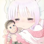  1girl absurdres artist_name blue_eyes blunt_bangs blush bow capelet child close-up closed_mouth crying dragon_horns eyelashes frilled_sleeves frills fur-trimmed_collar fur_trim gradient_hair highres holding holding_toy horns hug hugging_object kanna_kamui kobayashi-san_chi_no_maidragon kuma_desuyan long_hair long_sleeves multicolored_hair nose_blush puffy_sleeves purple_hair sidelocks signature simple_background sleeves_past_wrists solo stuffed_toy teardrop tears toy upper_body 