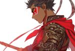  1boy armor cape character_request chinese_zodiac closed_mouth copyright_request dark-skinned_male dark_skin expressionless facepaint from_side holding imam_(oozlo) korean_commentary male_focus red_cape solo white_background year_of_the_monkey 