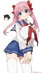  1girl artist_name blue_eyes blue_sailor_collar blue_skirt bow breasts cowboy_shot hair_bow haramura_nodoka huge_breasts kiyosumi_school_uniform light_blush long_hair long_sleeves looking_at_viewer neckerchief parted_lips pink_hair pleated_skirt red_bow red_neckerchief sailor_collar saki_(manga) school_uniform serafuku shirt shisoneri simple_background skirt solo stuffed_animal stuffed_penguin stuffed_toy thighhighs twintails twitter_username v_arms white_background white_shirt white_thighhighs 
