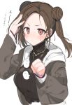  1girl black_sweater blush breasts brown_eyes brown_hair brown_jacket closed_mouth commentary_request double_bun hair_bun hair_ornament hands_up idolmaster idolmaster_shiny_colors jacket large_breasts long_hair long_sleeves looking_at_viewer open_clothes open_jacket parted_bangs red_eyes ribbed_sweater shotan simple_background solo sonoda_chiyoko sweat sweater turtleneck turtleneck_sweater twintails white_background x_hair_ornament 