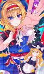  absurdres alice_margatroid apron artist_name black_vest blonde_hair blue_dress book bow braid capelet crescent crescent_hair_ornament crescent_hat_ornament crescent_pin doll dress english_commentary english_text frilled_hairband frilled_sash frills grimoire grimoire_of_alice hair_bow hair_ornament hair_tubes hairband hat hat_bow hat_ornament highres hirwannew jewelry kirisame_marisa library lolita_hairband mini-hakkero mob_cap mukyuu multiple_girls patchouli_knowledge puppet_rings puppet_strings purple_eyes purple_hair red_hairband ring sash self-upload side_braid single_braid striped_clothes striped_dress touhou vertical-striped_clothes vertical-striped_dress vest voile waist_apron watermark white_bow white_capelet witch_hat 