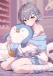  1girl bandaid bandaid_on_arm bandaid_on_knee bandaid_on_leg bang_dream! bang_dream!_it&#039;s_mygo!!!!! bare_shoulders black_hair blue_jacket blue_ribbon blue_shorts blurry blurry_background bow braid braided_bangs brown_eyes camisole collarbone commentary_request cross-laced_clothes cross-laced_jacket cross-laced_sleeves crossed_bangs foot_out_of_frame fur_socks hair_between_eyes hair_bow hair_ribbon hands_up highres holding holding_stuffed_toy houji_tea_latte hugging_doll hugging_object indoors jacket kneehighs light_blush long_sleeves looking_at_viewer multicolored_jacket no_shoes off_shoulder official_alternate_costume official_alternate_hairstyle on_floor parted_lips picture_frame ribbon ribbon_braid shelf short_hair shorts single_braid sitting sleeves_past_wrists socks solo stuffed_animal stuffed_cat stuffed_panda stuffed_penguin stuffed_toy takamatsu_tomori two-tone_jacket wariza white_camisole white_jacket white_socks 