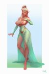  1girl barefoot breasts bridal_gauntlets circlet closed_eyes covered_navel dress earrings elbow_gloves elf gloves gold_choker gold_circlet green_dress hand_on_own_chest highres jewelry large_breasts lips long_hair long_pointy_ears nipples no_bra original pointy_ears see-through_clothes see-through_dress solo standing strapless strapless_dress ullr white_hair 