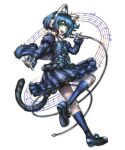  1boy :d animal_ear_headphones animal_ears bare_shoulders black_shoes black_tail blue_bow blue_dress blue_hair blue_jacket blue_socks bow cat_ear_headphones cat_tail commentary danganronpa_(series) dress dress_bow english_commentary fake_animal_ears footwear_bow full_body fur-trimmed_jacket fur-trimmed_sleeves fur_trim green_eyes hand_up headphones holding holding_microphone jacket jacket_partially_removed kneehighs komatsuzaki_rui_(style) long_sleeves looking_at_viewer looking_back male_focus microphone minster_(dooke) musical_note musical_staff one_side_up open_mouth outstretched_arm pinky_out round_teeth ryoune_yami second-party_source shoes short_hair smile socks solo sparkle standing standing_on_one_leg tail teeth tongue trap upper_teeth_only utau 