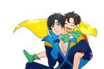 2boys :d age_difference batman_(series) black_hair blue_eyes brothers cape carrying child cropped_legs dc_comics dick_grayson glomp hug hug_from_behind jason_todd light_smile male_focus multiple_boys nightwing nightwing_(comic) ning_moe pectoral_cleavage pectorals piggyback robin_(dc) siblings smile superhero_costume white_background yellow_cape 