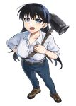 1girl :d absurdres aiv arato_nagi belt black_hair blue_eyes blue_pants breasts brown_shoes cleavage collarbone collared_shirt denim ear_piercing full_body hammer highres jeans large_breasts long_hair looking_at_viewer open_mouth pants piercing ruri_no_houseki shirt shoes simple_background sleeves_rolled_up smile solo standing white_background white_shirt 