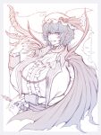  1girl alternate_costume arm_under_breasts ascot bat_wings blue_hair border breasts brooch cape center_frills covered_nipples cropped_torso elun_(meido) fangs flower frilled_cuffs frills gloves grey_border hair_between_eyes hand_up hat hat_flower hat_ribbon highres huge_breasts jewelry mob_cap mystical_high_collar pointy_ears red_eyes remilia_scarlet ribbon short_hair solo sword torn_clothes touhou vampire weapon white_gloves wings 