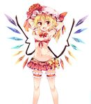  arm_garter armpits arms_behind_head bangs bikini bikini_skirt black_bikini black_bikini_bottom blonde_hair blush bow bowtie breasts detached_collar fang flandre_scarlet flower frilled_bikini frills front-tie_top hair_between_eyes hat hat_flower hat_ribbon highres leg_garter looking_at_viewer maturiuta_sorato microskirt mismatched_bikini mob_cap navel open_mouth pointy_ears red_bikini red_bikini_top red_bow red_eyes red_neckwear red_ribbon ribbon side-tie_bikini simple_background skirt small_breasts smile solo standing stomach swimsuit touhou white_background wings yellow_bow 