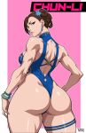  1girl ass back_cutout blue_one-piece_swimsuit bracelet braid braided_hair_rings breasts brown_eyes brown_hair character_name chun-li clothing_cutout double_bun earrings eyeshadow from_behind hair_bun hair_rings hand_on_own_hip highleg highleg_one-piece_swimsuit highres huge_ass jewelry looking_at_viewer looking_back makeup official_alternate_costume official_alternate_hairstyle one-piece_swimsuit sideboob solo street_fighter street_fighter_6 swimsuit thick_thighs thighlet thighs toned toned_female yatagarasupen 
