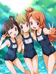  bangs black_hair blue_eyes blue_swimsuit brown_eyes brown_hair covered_navel day eyebrows_visible_through_hair hair_bobbles hair_ornament hand_on_another's_hip idolmaster idolmaster_million_live! light_rays long_hair looking_at_viewer mercy_rabbit multiple_girls nakatani_iku name_tag one-piece_swimsuit one_eye_closed one_side_up oogami_tamaki open_mouth orange_hair outdoors outstretched_arm school_swimsuit short_hair smile suou_momoko swept_bangs swimsuit thigh_gap v water 