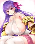  bare_shoulders belt_collar bow breasts claws fate/extra fate/extra_ccc fate/grand_order fate_(series) gigantic_breasts hair_bow hair_ribbon long_hair looking_at_viewer neneru o-ring o-ring_top passion_lip pink_eyes purple_hair ribbon sideboob smile solo thighhighs very_long_hair white_legwear 