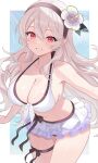  1girl bikini bikini_skirt black_hairband blush breasts cleavage female_corrin_(fire_emblem) female_corrin_(novice_vacationer)_(fire_emblem) fire_emblem fire_emblem_fates fire_emblem_heroes flower grey_hair hair_between_eyes hair_flower hair_ornament hairband highres large_breasts long_hair looking_at_viewer n_54 navel official_alternate_costume open_mouth pointy_ears red_eyes sideboob skindentation smile solo stomach swimsuit teeth thighs white_bikini 