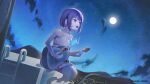  1girl absurdres acoustic_guitar bare_arms bare_shoulders blue_eyes blue_fire cityscape collarbone colored_inner_hair commentary_request dress earrings fire floating_hair full_moon ghost_girl ghost_tail guitar hands_up highres holding holding_guitar holding_instrument indie_utaite instrument jewelry konkon_tamashii ladder looking_afar moon multicolored_hair music night night_sky open_mouth pink_hair playing_guitar playing_instrument purple_hair sg_(under_siiiiii) singing sitting sky solo twitter_username white_dress 