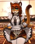 anthro apron braided_hair breasts brown_body brown_fur brown_hair clothing cougar dessert digital_media_(artwork) doughnut felid feline female food fur garter_straps green_eyes hair hi_res holley_(sclimshady) kiit0s legwear looking_at_viewer maid_headdress maid_uniform mammal open_mouth pastry presenting_panties smile solo stockings store tail uniform whiskers white_apron white_clothing white_legwear white_stockings