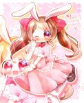 1girl animal_ears back_bow border bow bow_legwear bowtie brown_hair brown_shoes buttons closed_mouth commentary_request commission dot_nose dress drop_shadow eyelashes foot_out_of_frame frilled_sleeves frills hair_bow halftone hand_up highres kirakira_precure_a_la_mode lace-trimmed_dress lace_trim leg_up light_blush light_particles long_hair mary_janes medium_dress one_eye_closed open_mouth outline outside_border over-kneehighs pink_background pink_bow pink_dress pink_eyes pleated_dress precure puffy_short_sleeves puffy_sleeves rabbit_ears red_bow red_bowtie shirt shirt_under_dress shoes short_sleeves signature skeb_commission skirt_hold smile socks solo sparkle tareme thighhighs traditional_bowtie translation_request twintails usami_ichika v-shaped_eyebrows waving white_border white_outline white_shirt white_socks white_wrist_cuffs wrist_cuffs x_chika_xx zoom_layer 