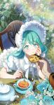  1girl blue_eyes blue_flower blue_hair blue_rose bonnet chair character_request check_character chocolate chocolate_chip_cookie closed_mouth cookie cup dress elbow_rest flower flower_request food frilled_bonnet frilled_dress frilled_sleeves frills gem hand_on_own_cheek hand_on_own_face highres holding holding_cookie holding_food holding_spoon imam_(oozlo) korean_commentary lens_flare lips looking_at_viewer original pale_skin pearl_(gemstone) plant plate pov pov_hands puffy_short_sleeves puffy_sleeves rose saucer short_sleeves smile solo_focus split_mouth spoon table tea teacup teapot tree white_flower 