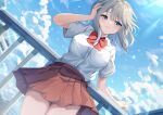  1girl absurdres blue_eyes blue_sky blush breasts building clothes_lift collared_shirt day grey_hair grin hand_on_own_head highres igayan lens_flare looking_at_viewer medium_breasts medium_hair original outdoors pleated_skirt railing red_skirt school_uniform shirt shirt_tucked_in short_sleeves skirt skirt_lift sky smile solo standing teeth thighs white_shirt wind wind_lift 