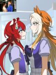  2girls anger_vein angry animal_ears asymmetrical_docking back_bow blonde_hair blue_eyes bow bowtie breast_press breasts clenched_teeth colored_inner_hair commentary ear_ornament ears_back eye_contact face-to-face from_side green_eyes hair_bow hair_ornament hallway height_difference highres horse_ears horse_girl horse_tail indoors large_breasts long_hair looking_at_another multicolored_hair multiple_girls nijuke2 orange_hair orfevre_(umamusume) photo_inset pleated_skirt profile puffy_short_sleeves puffy_sleeves purple_bow purple_bowtie purple_shirt red_bow red_hair reference_inset sailor_collar sailor_shirt school_uniform shirt short_sleeves skirt small_breasts summer_uniform tail teeth tracen_school_uniform turn_pale twintails umamusume upper_body white_hair white_sailor_collar white_skirt win_variation_(umamusume) 