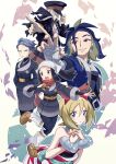  2boys 3girls adaman_(pokemon) akari_(pokemon) black_coat black_hair black_hat blonde_hair blue_coat blue_eyes blue_hair bracelet closed_mouth coat commentary_request cyllene_(pokemon) eyebrow_cut grin hair_between_eyes hairband hand_wraps hands_up hat headscarf highres holding holding_poke_ball ingo_(pokemon) irida_(pokemon) jacket jewelry loose_hair_strand multiple_boys multiple_girls neck_ring open_mouth pantyhose poke_ball poke_ball_(basic) pokemon pokemon_legends:_arceus sasami_642 shirt sidelocks skirt smile strapless strapless_shirt teeth torn_clothes torn_coat 