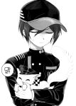  1boy animal animalization baseball_cap buttons cat closed_eyes commentary_request crossed_arms danganronpa_(series) danganronpa_v3:_killing_harmony eyelashes frown greyscale hair_between_eyes hat highres holding holding_animal holding_cat long_sleeves male_focus mary_(marlone_kuhl) monochrome oma_kokichi peaked_cap saihara_shuichi short_hair speech_bubble sweatdrop translation_request upper_body white_background 