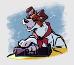  1boy animal_ears axontatsu brown_fur dodger_(oliver_&amp;_company) dog dog_ears dog_nose english_commentary fang floppy_ears highres looking_to_the_side male_focus multicolored_fur musical_note neckerchief oliver_&amp;_company on_roof open_mouth red_neckerchief smile sunglasses taxi white_fur 